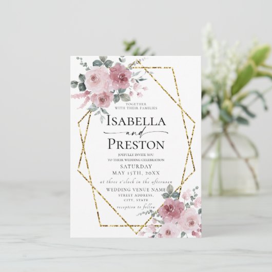 ほこりっぽいバラ金ゴールド水カラー赤面結婚フローラ 招待状 (スタンド正面)