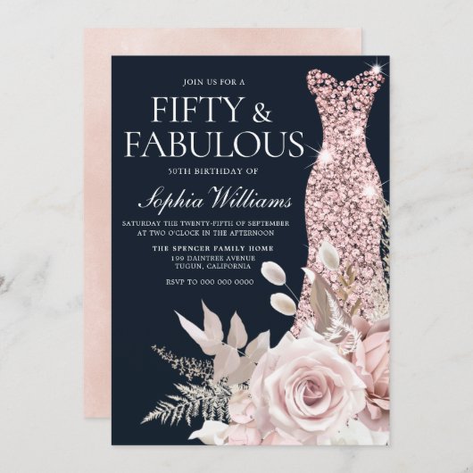 ほこりっぽいバラ金ゴールド赤面ドレスフローラ50th誕生日 招待状 (正面/裏面)