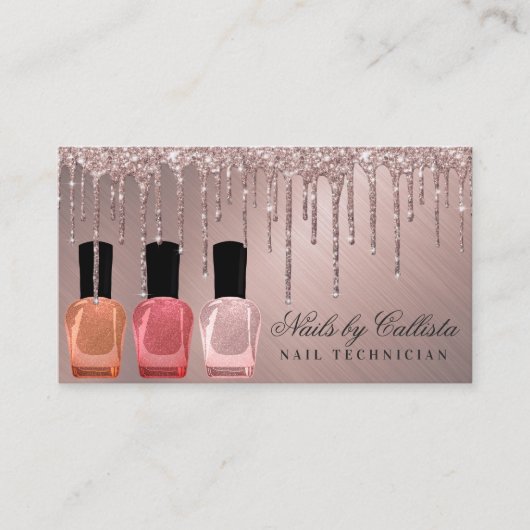 ほこりっぽいバラ金ゴールド金属グリッタードリップ爪、 ネイルポーランド語 名刺 (正面)