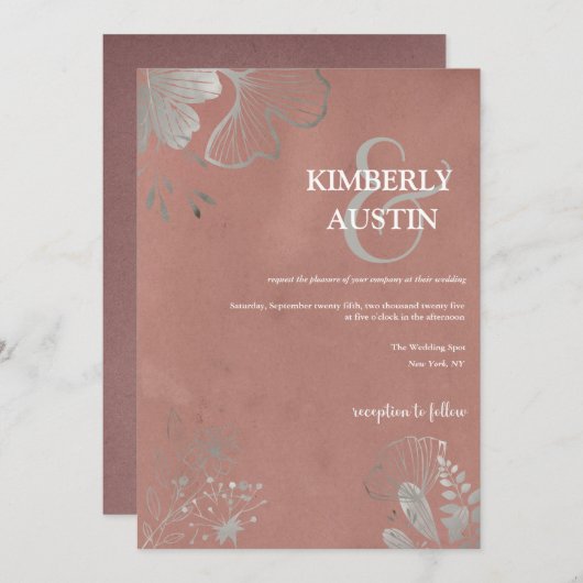 ほこりっぽいバラ |シルバーフローラ結婚式招待状 招待状 (正面/裏面)