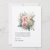 ほこりっぽいバラ、ミントグリーン、赤面フローラ結婚ズ サンキューカード (裏面)