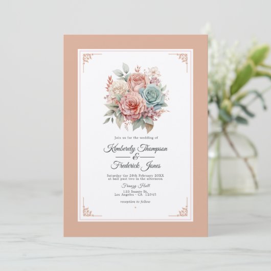 ほこりっぽいバラ、ミントグリーン、赤面フローラ結婚ズ 招待状 (スタンド正面)