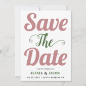 ほこりっぽいバラ、緑のタイポグラフィと背面の写真 セーブザデート (正面)