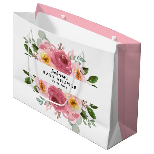 ほこりっぽいバラ |赤面ピンクフローラベビーシャワー ラージペーパーバッグ (正面アングル)
