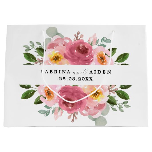 ほこりっぽいバラ |赤面ピンクフローラ結婚ズ ラージペーパーバッグ (正面)