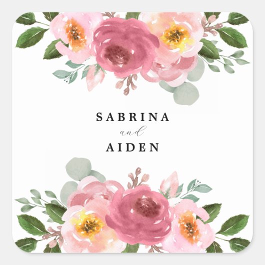 ほこりっぽいバラ | 赤面ピンク結婚フローラズスクエアスティ スクエアシール (正面)