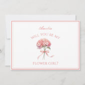 ほこりっぽいパーソナライズされたバラあじさいボウフラワーガール カード (正面)