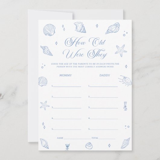 ほこりっぽいビーチ赤ちゃんシャワー年齢のゲームカードを推測 招待状 (正面)