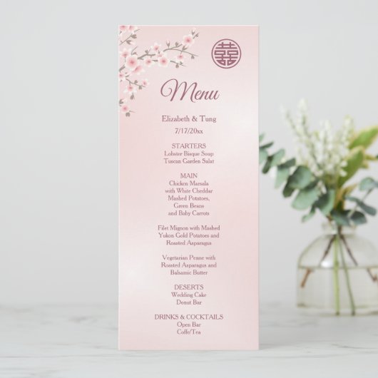 ほこりっぽいピンクさくらんぼ中国のの結婚花のメニュー 招待状 (スタンド正面)