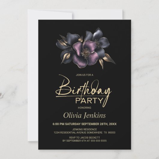 ほこりっぽいピンクとグレーのフローラ任意の年齢の誕生日パーティー 招待状 (正面)