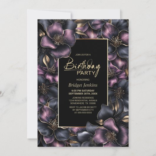 ほこりっぽいピンクとグレーのフローラ任意の年齢の誕生日パーティー 招待状 (正面)