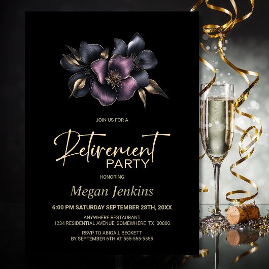 ほこりっぽいピンクとグレーのフローラ退職パーティー 招待状