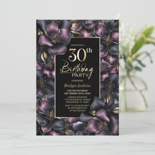 ほこりっぽいピンクとグレーのフローラ30th誕生日パーティー 招待状 (スタンド正面)