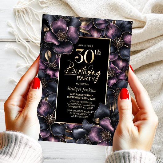 ほこりっぽいピンクとグレーのフローラ30th誕生日パーティー 招待状