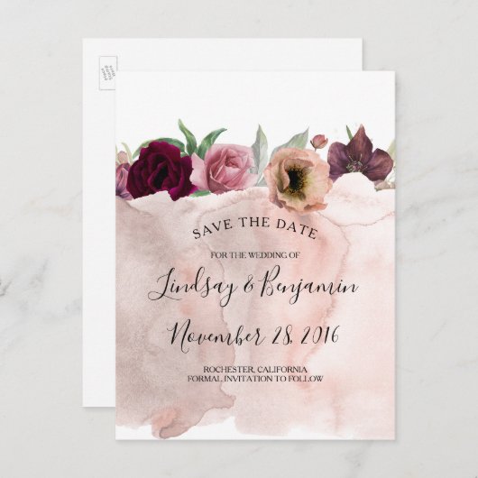 ほこりっぽいピンクとブルゴーニュの赤いフローラ 案内ポストカード (正面/裏面)