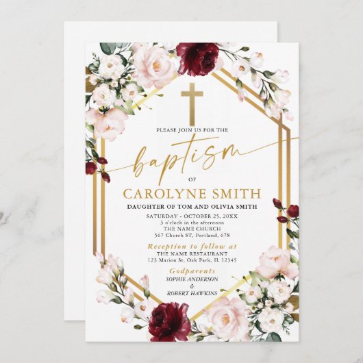 ほこりっぽいピンクとブルゴーニュフローラバプテスマ招待状 招待状 (正面/裏面)