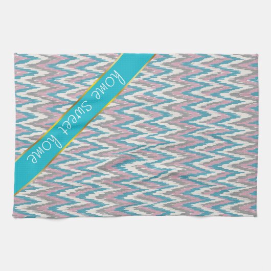 ほこりっぽいピンクとブルーのイカット キッチンタオル (横)