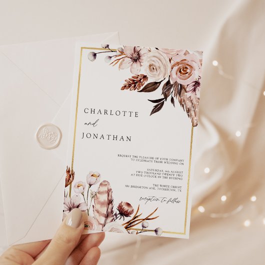 ほこりっぽいピンクとメイブの金ゴールドフレームの結婚葉 招待状