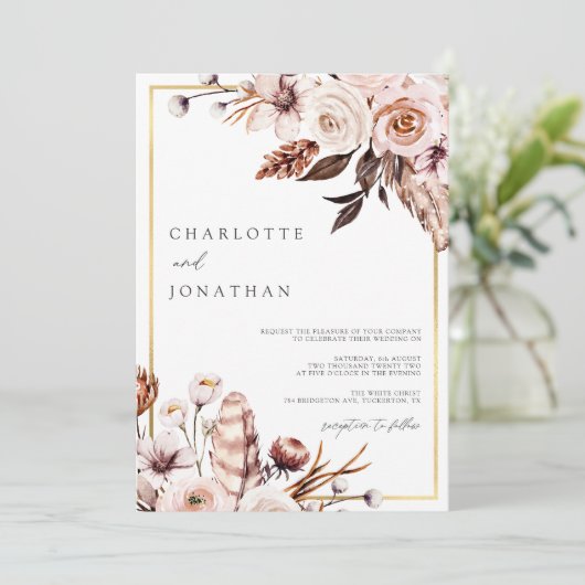 ほこりっぽいピンクとメイブの金ゴールドフレームの結婚葉 招待状 (スタンド正面)