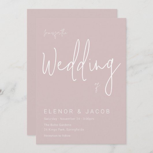 ほこりっぽいピンクと白結婚モダン色 招待状 (正面/裏面)