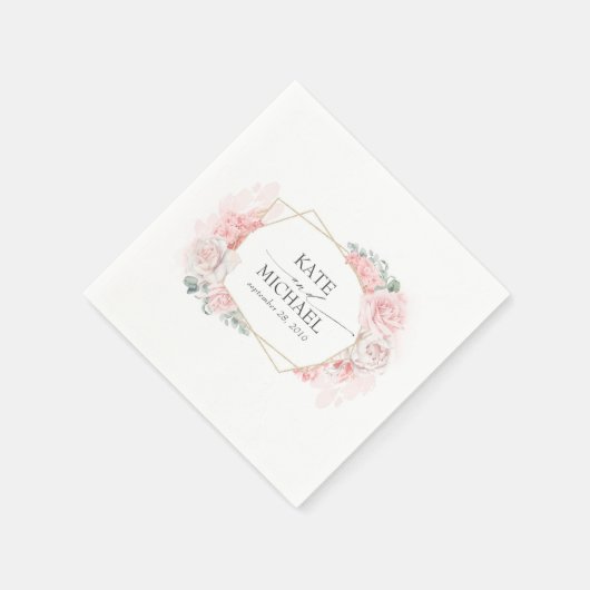 ほこりっぽいピンクと赤面結婚フローラ スタンダードカクテルナプキン (角)