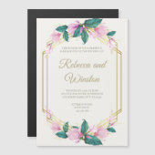 ほこりっぽいピンクと金ゴールドフローラの結婚緑 マグネット招待状 (正面/裏面)