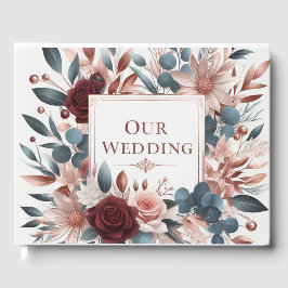 ほこりっぽいピンクと青の花とバーガンディバラ ゲストブック