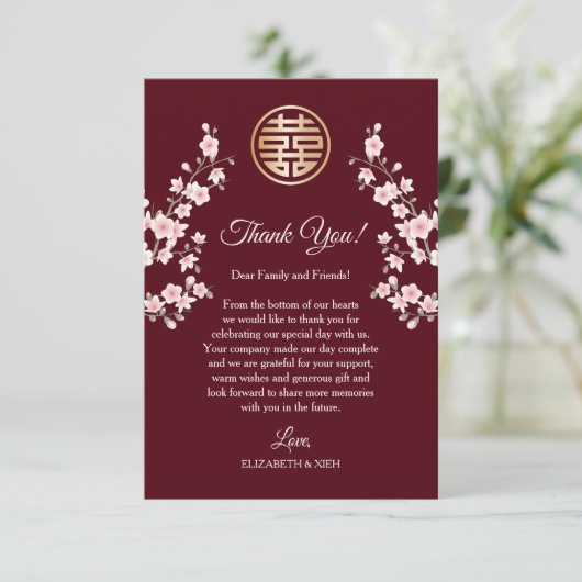 ほこりっぽいピンクのさくらんぼ中国のブロッサム結婚ズ サンキューカード (スタンド正面)