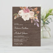 ほこりっぽいピンクのアイボリーフローラオールインワン結婚ウッド 招待状 (スタンド正面)