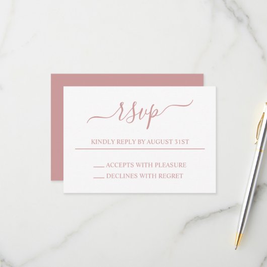 ほこりっぽいピンクのエレガントな結婚式 出欠カード (正面/裏面インサイチュ)