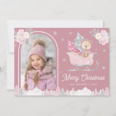 ほこりっぽいピンクのクリスマスツリーかわいいテディのアーチ写真 シーズンカード (正面)