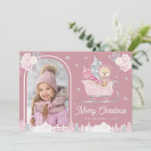 ほこりっぽいピンクのクリスマスツリーかわいいテディのアーチ写真 シーズンカード (スタンド正面)