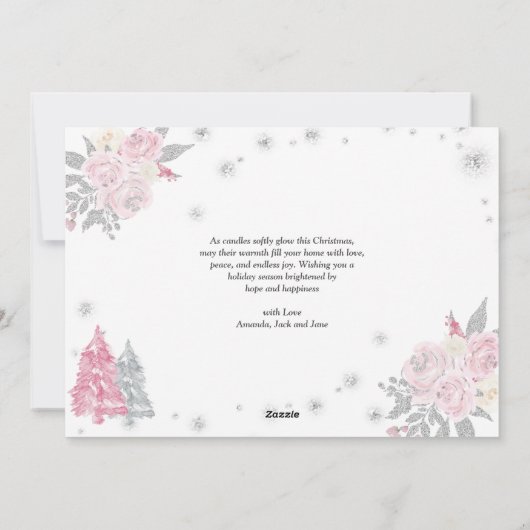 ほこりっぽいピンクのクリスマスツリーかわいいテディのアーチ写真 シーズンカード (裏面)