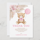 ほこりっぽいピンクのテディベアーバルーンガールベビーシャワー サンキューカード (正面)
