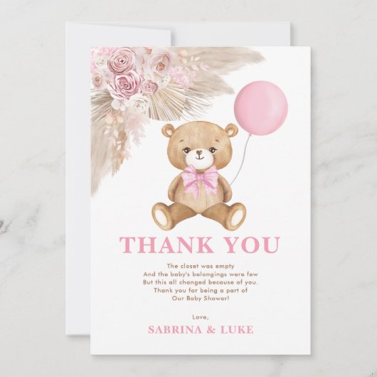 ほこりっぽいピンクのテディベアーバルーンガールベビーシャワー サンキューカード (正面)