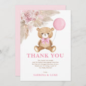 ほこりっぽいピンクのテディベアーバルーンガールベビーシャワー サンキューカード (正面/裏面)