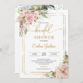 ほこりっぽいピンクのバラの花赤面金ゴールド幾何学 招待状 (正面/裏面)