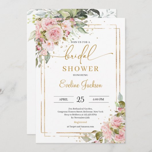 ほこりっぽいピンクのバラの花赤面金ゴールド幾何学  招待状 (正面/裏面)