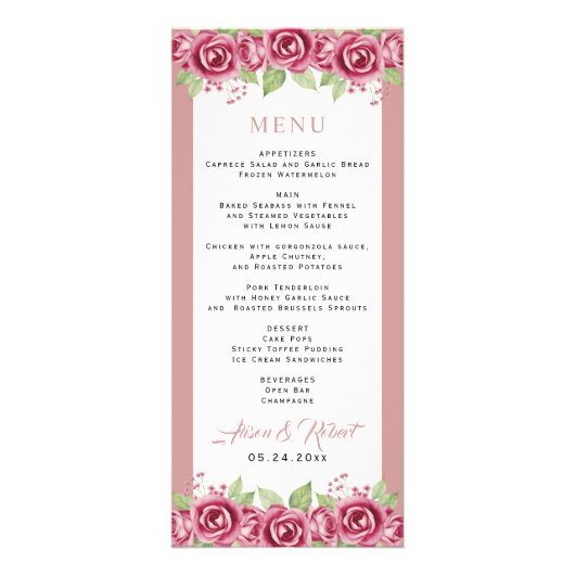 ほこりっぽいピンクのバラの花BUDGET結婚のメニューカード ラックカード (正面)