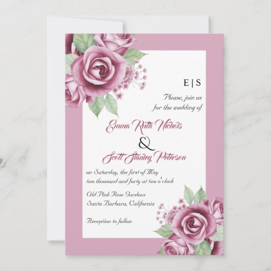 ほこりっぽいピンクのバラの花QRコードフローラ結婚ズ 招待状 (正面)