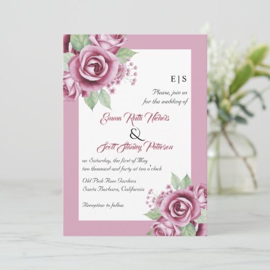 ほこりっぽいピンクのバラの花QRコードフローラ結婚ズ 招待状 (スタンド正面)