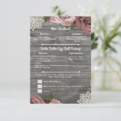 ほこりっぽいピンクのバラ灰色の素朴木のレースのメニュー挿入 招待状 (スタンド正面)