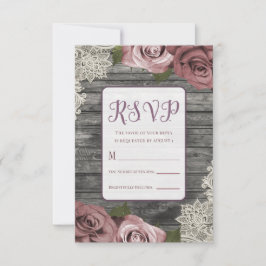 ほこりっぽいピンクのバラ素朴ズグレーウッドレース結婚ズ 出欠カード