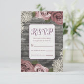 ほこりっぽいピンクのバラ素朴ズグレーウッドレース結婚ズ 出欠カード (スタンド正面)