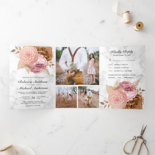 ほこりっぽいピンクのバラ自然ズフローラマーブル結婚ズ 三つ折り招待状 (内部)