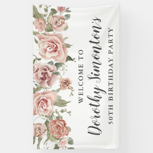 ほこりっぽいピンクのバラ50th誕生日パーティーへようこそ 横断幕 (縦)