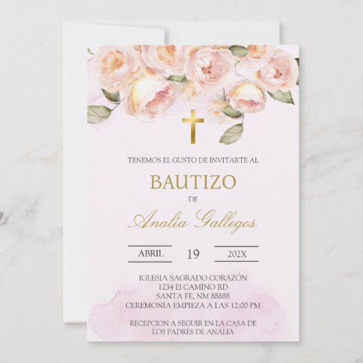 ほこりっぽいピンクのフローラスペインのバプテスマ招待状 招待状 (正面)