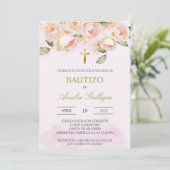ほこりっぽいピンクのフローラスペインのバプテスマ招待状 招待状 (スタンド正面)