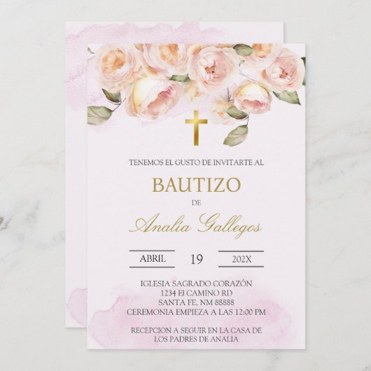 ほこりっぽいピンクのフローラスペインのバプテスマ招待状 招待状 (正面/裏面)