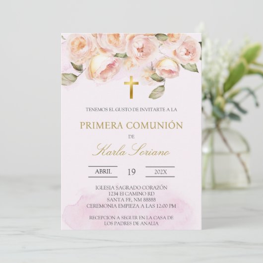 ほこりっぽいピンクのフローラスペインの最初の聖餐式 招待状 (スタンド正面)